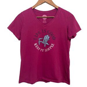 Life Is Good Womens Maroon Vneck Keep It Simple Beach Chair Graphic TShirt Small